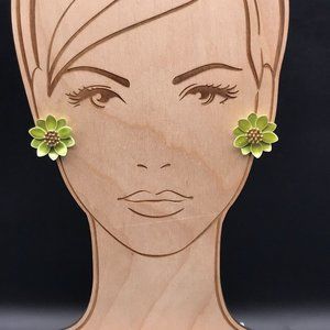 Vintage Green Flower Earrings, Pop of Color Enamel Petals with Granulated Gold